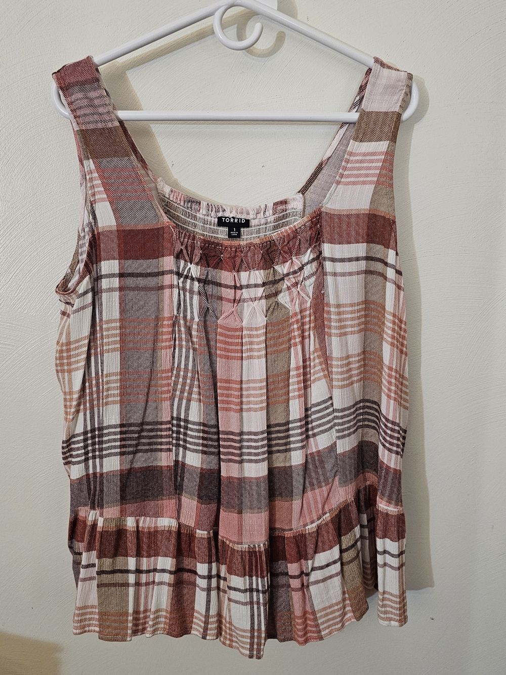 torrid Pink and Brown Plaid Sleeveless Peasant Tank